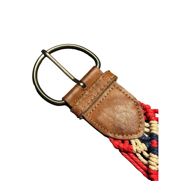 Y2K Women Crochet Braid Wide Belt 42" Red Multi Boho Hippie Round Buckle Leather - Picture 4 of 8
